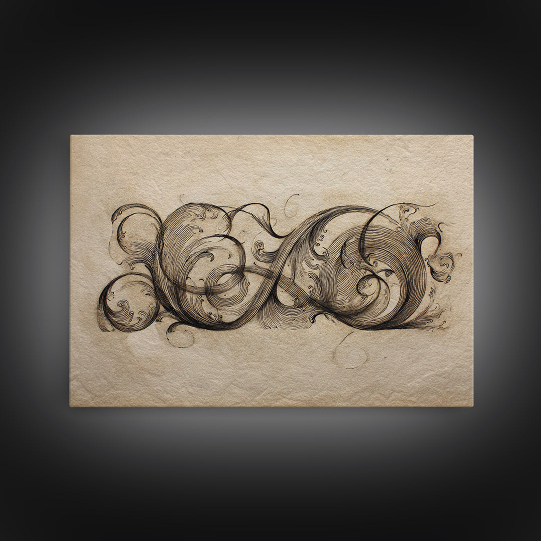 Baroque Scrollwork Made from Looping Pen Strokes Canvas Print, Calligraphy Art, Gallery Decor, Living Room Decor, Script, CAL-3x2-64
