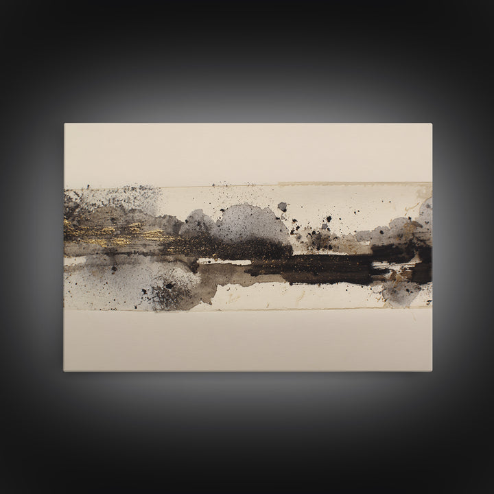 Ink Splatter and Long Brushstroke Composition Canvas Print, Calligraphy Art, Neutral Decor, Living Room Decor, Fine Art, Script, CAL-3x2-68