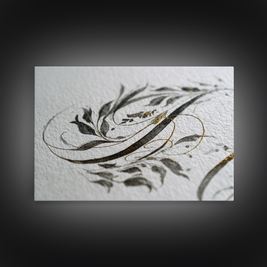 Botanical Calligraphy Pattern Framed Canvas Print, Calligraphy Art, Modern Wall Art, Living Room Decor, Fine Art, Script, CAL-3x2-74