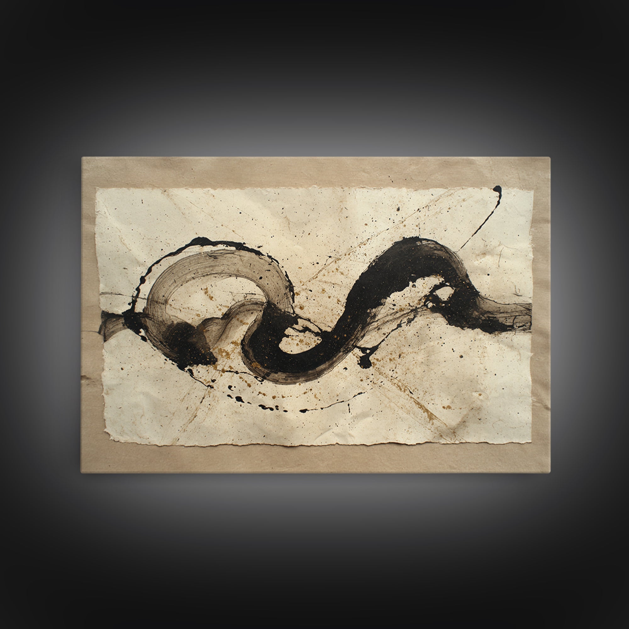 Large Sweeping Black Ink Gesture Like a Framed Canvas Print, Calligraphy Art, Gallery Decor, Living Room Decor, Script, CAL-3x2-77