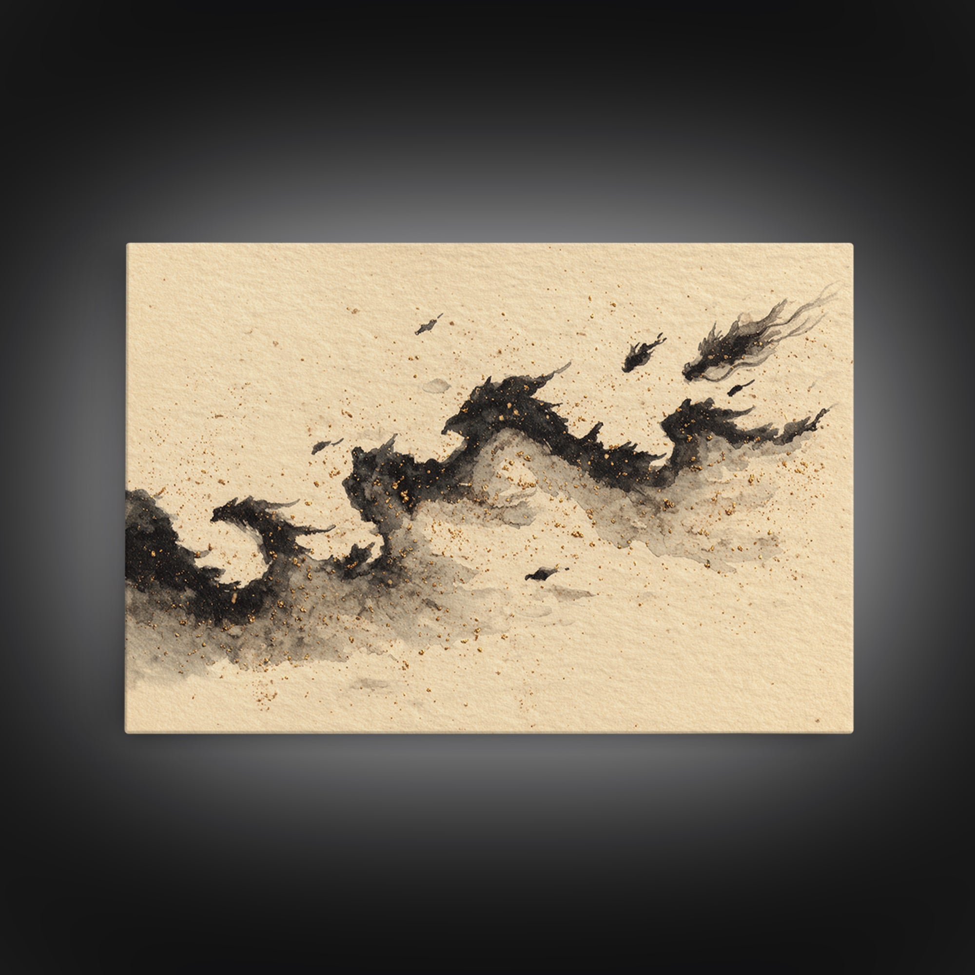 Ink Wash Dragon Curve Framed Canvas Print, Calligraphy Art, Gallery Wall Set, Living Room Decor, Fine Art, Script, CAL-3x2-85