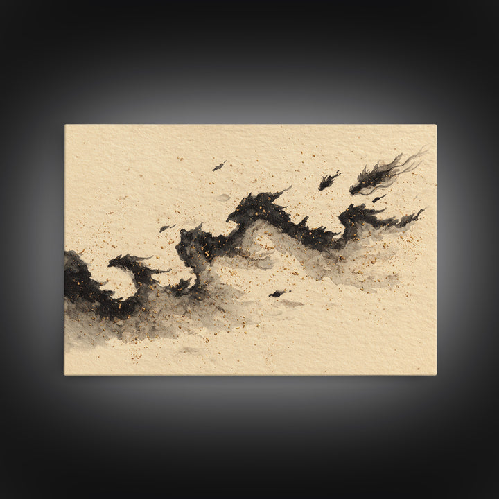Ink Wash Dragon Curve Framed Canvas Print, Calligraphy Art, Gallery Wall Set, Living Room Decor, Fine Art, Script, CAL-3x2-85
