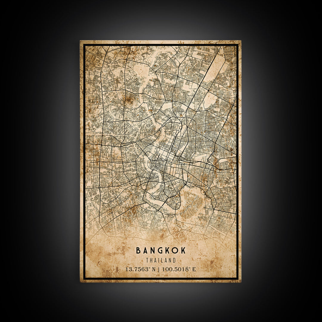 Old Bangkok City Map Wall Art Canvas Print, Vintage Style Bangkok Map, Framed Wall Art, Cool Bankok Thailand Wall Art, Office Decor