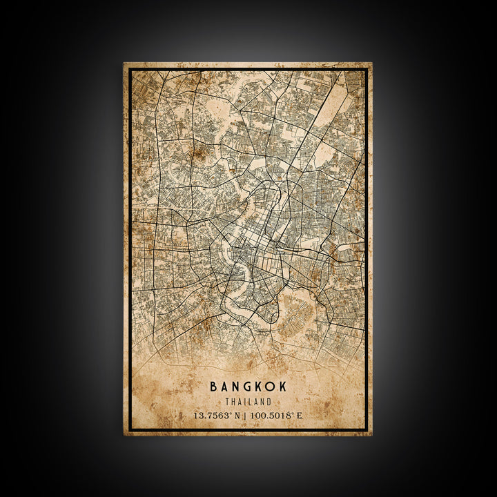 Old Bangkok City Map Wall Art Canvas Print, Vintage Style Bangkok Map, Framed Wall Art, Cool Bankok Thailand Wall Art, Office Decor