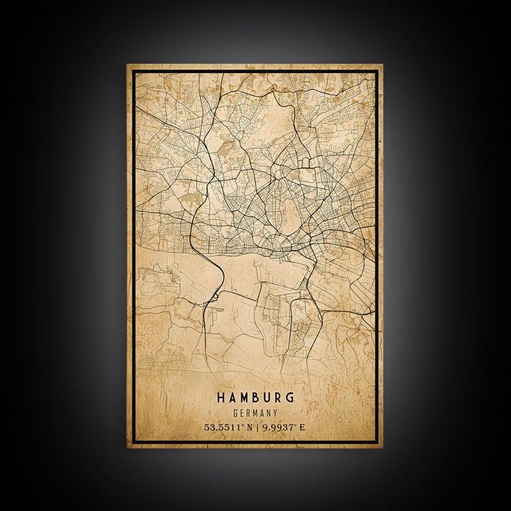 Old Hamburg Germany City Map Wall Art Canvas Print, Vintage Style Hamburg Map, Framed Wall Art, Cool Hamburg Wall Art, Office Art