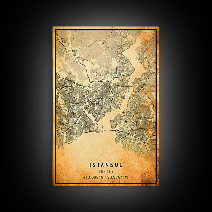 Vintage Istanbul City Map Wall Art Canvas Print, Distressed Istanbul Map, Framed Wall Art, Cool Istanbul Turkey Travel Wall Art, Office Art