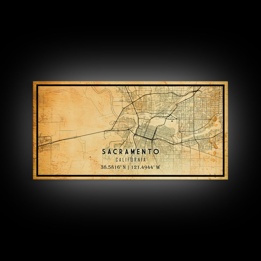 Vintage Sacramento map print poster or framed canvas | Sacramento city map print poster canvas | Sacramento, California print poster canvas