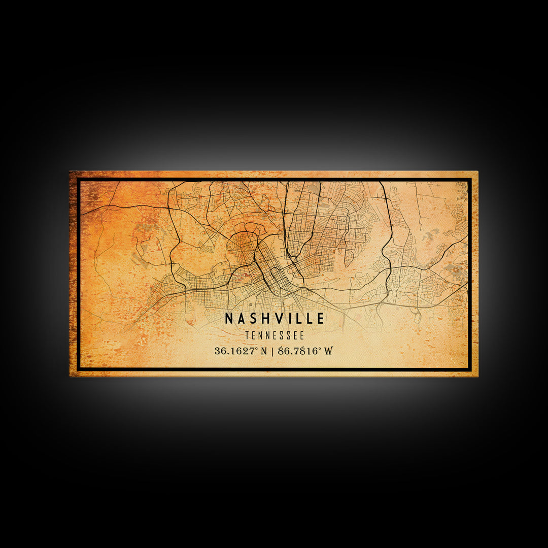 Nashville Map Print, Framed Canvas Wall Art, Tennessee Street Map Art, Davidson City Street Road Map Wall Decor