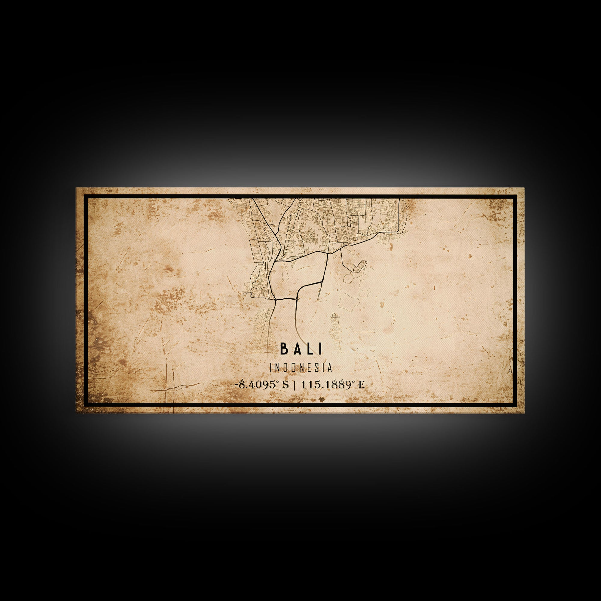 Vintage Bali Indonesia City Map Wall Art Canvas Print, Distressed Style Bali Map, Framed Wall Art, Cool Bali Travel Wall Art, Office Art