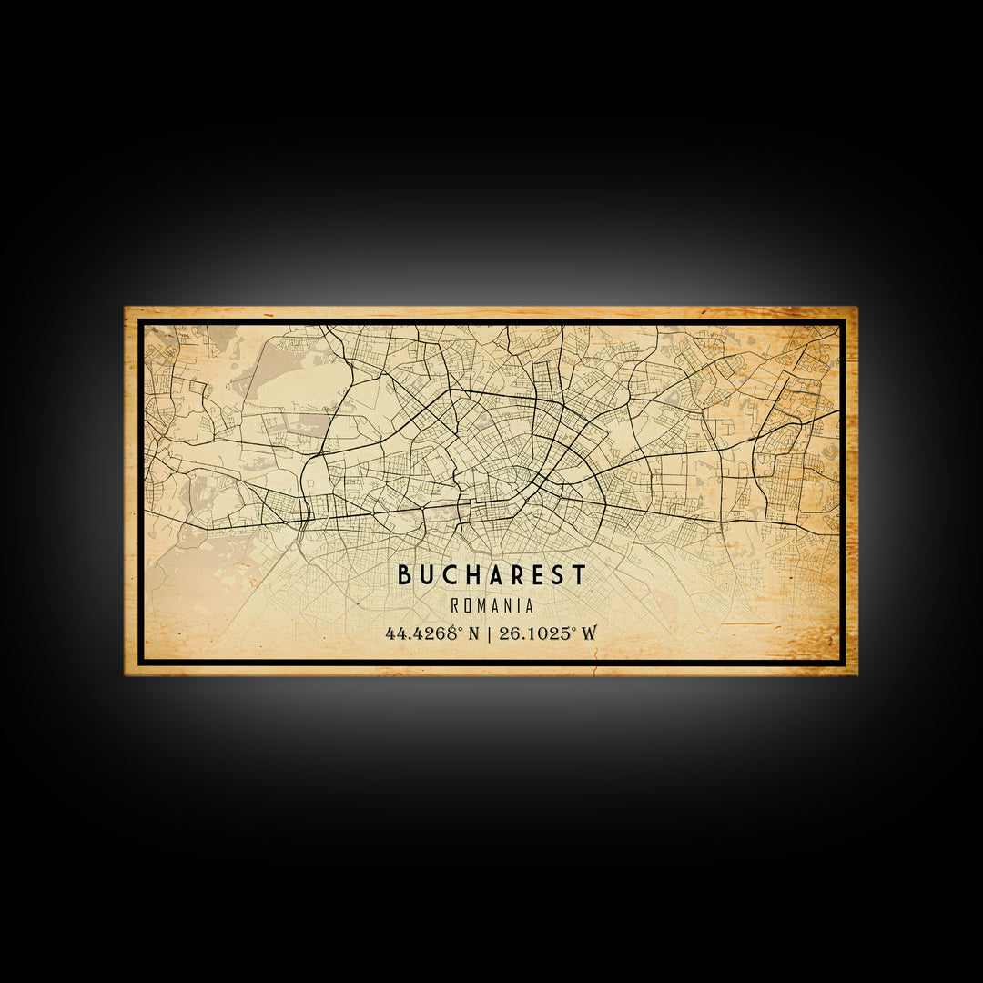 Vintage Style Bucharest City Map Wall Art Canvas Print, Distressed Bucharest Map, Framed Wall Art, Cool RomaniaTravel Wall Art, Office Art