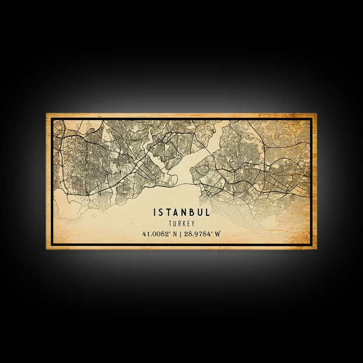 Vintage Istanbul City Map Wall Art Canvas Print, Distressed Istanbul Map, Framed Wall Art, Cool Istanbul Turkey Travel Wall Art, Office Art