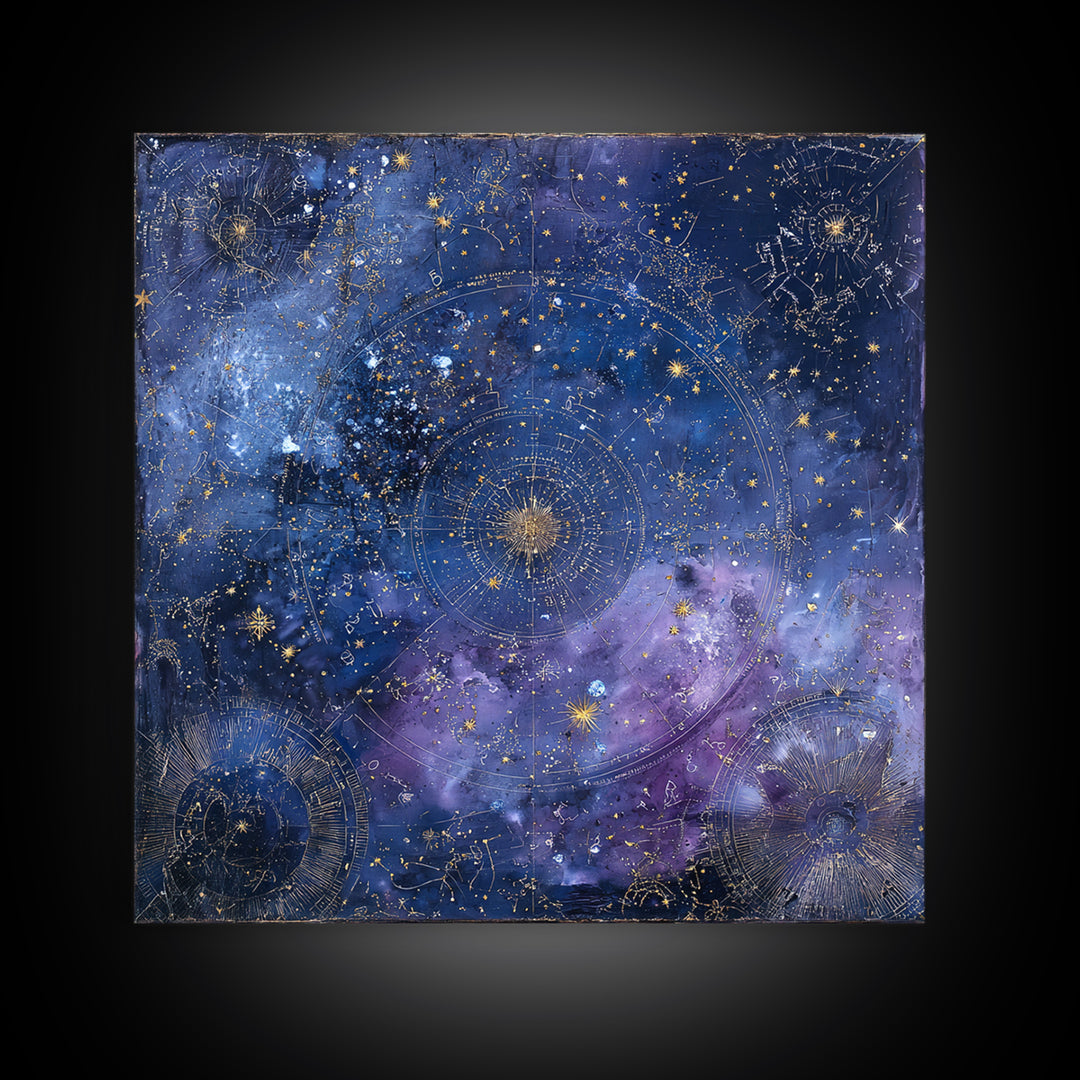 Blue Star Map Canvas Print, Celestial Art, Boho Wall Decor, Living Room Decor, Oil Painting, Celestial, Boho Art, Space Art, CEL-1x1-22