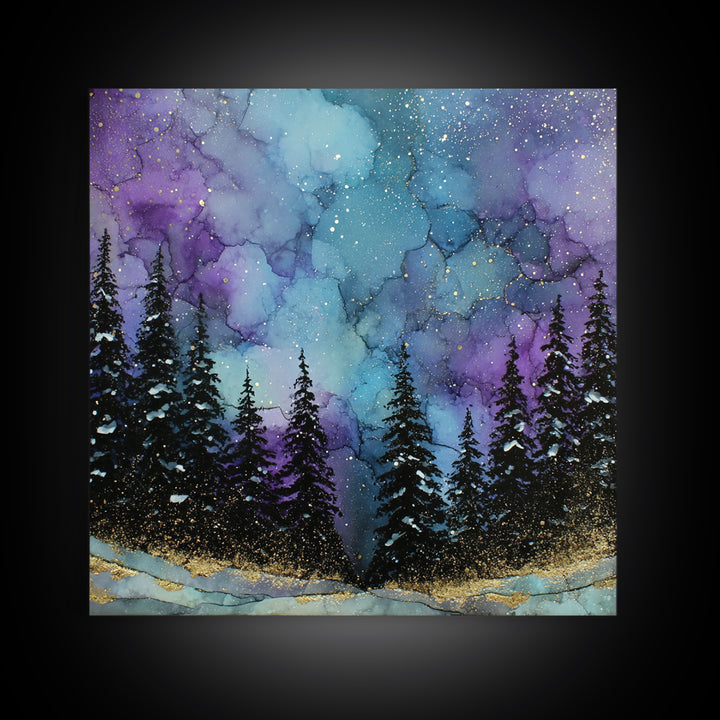 Aurora Borealis over Snowy Pines Framed Canvas Print, Celestial Art, Art Nouveau Decor, Living Room Decor, Fine Art, Celestial, CEL-1x1-41