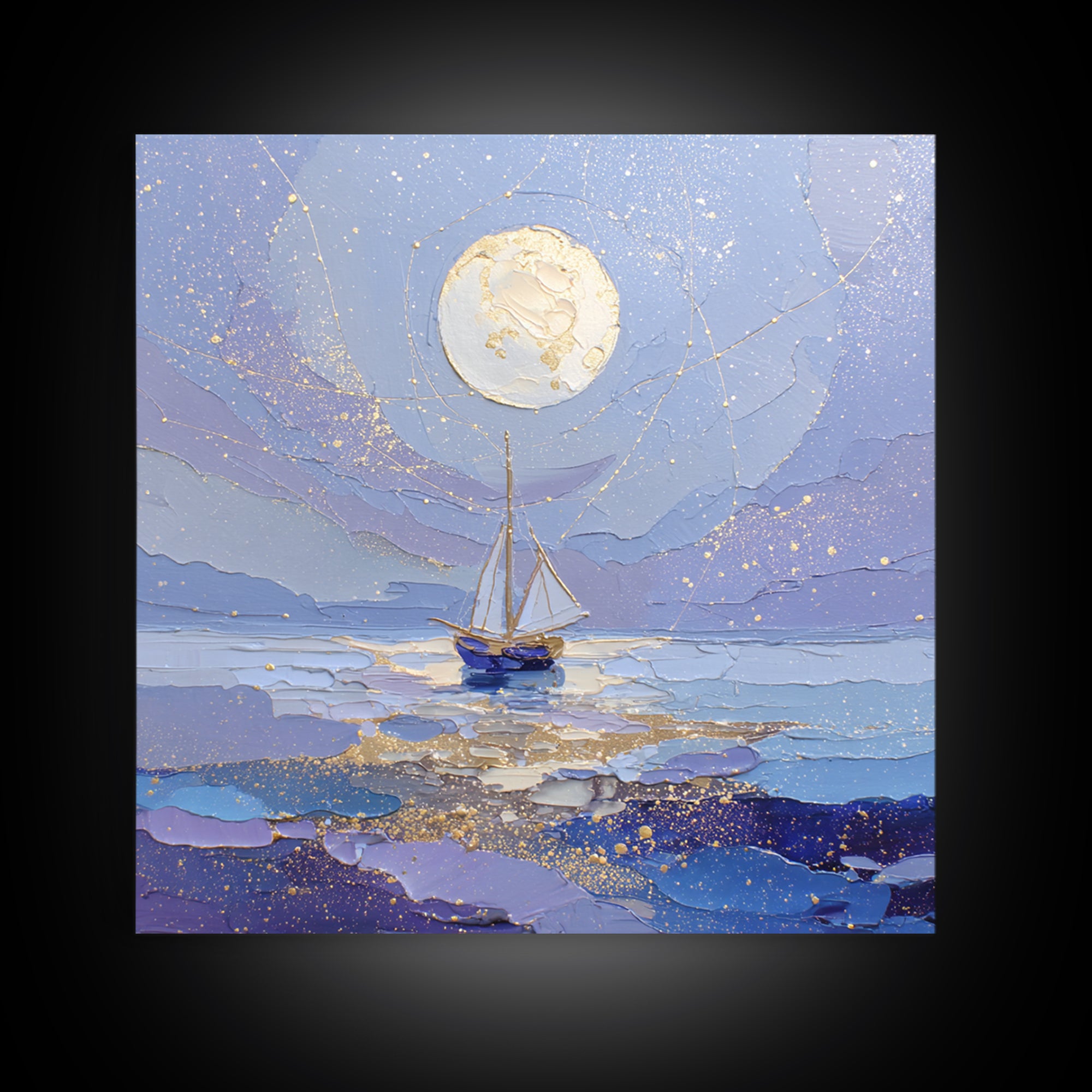Tiny Sailboat Beneath a Huge Moon Framed Canvas Print, Celestial Art, Modern Art, Living Room Decor, Oil Painting, Celestial, CEL-1x1-43