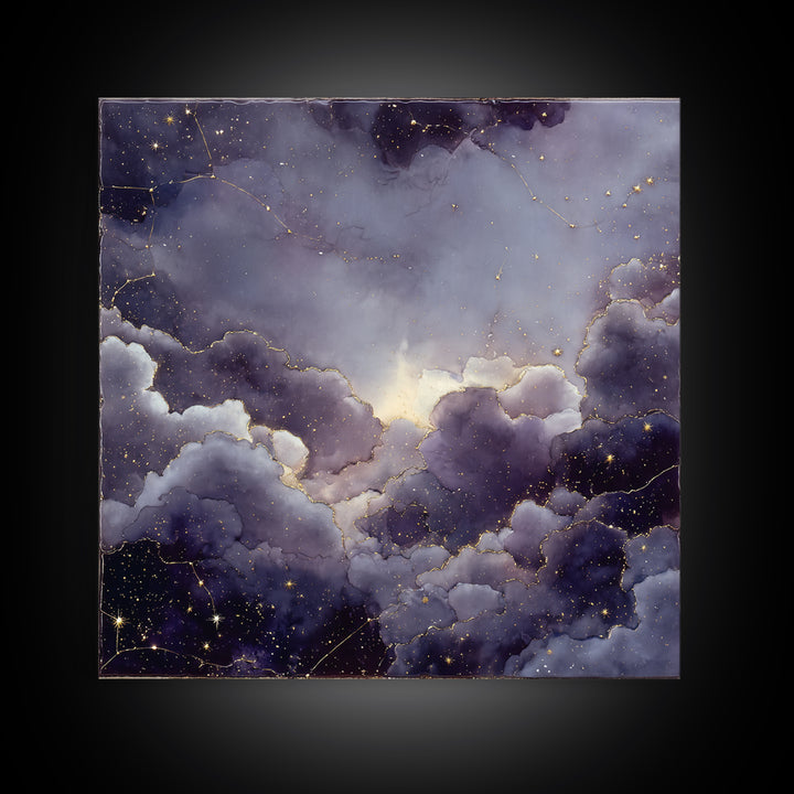 Moonlit Cloudscape with Silver Highlights Framed Canvas Print, Celestial Art, Animal Prints, Living Room Decor, Abstract Art, CEL-1x1-57