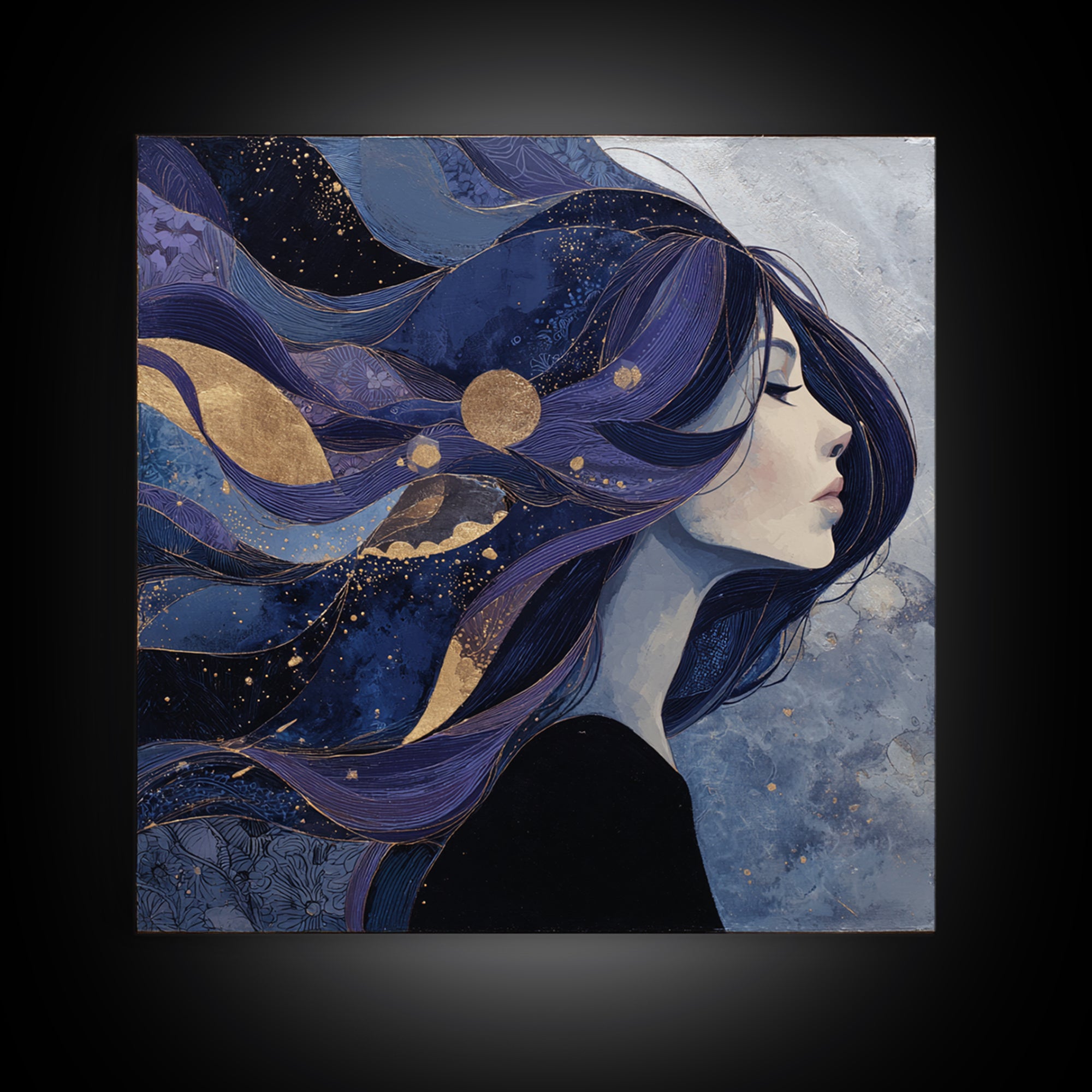Celestial Goddess with Flowing Midnight Hair Framed Canvas Print, Celestial Art, Celestial, Living Room Decor, Celestial, CEL-1x1-7