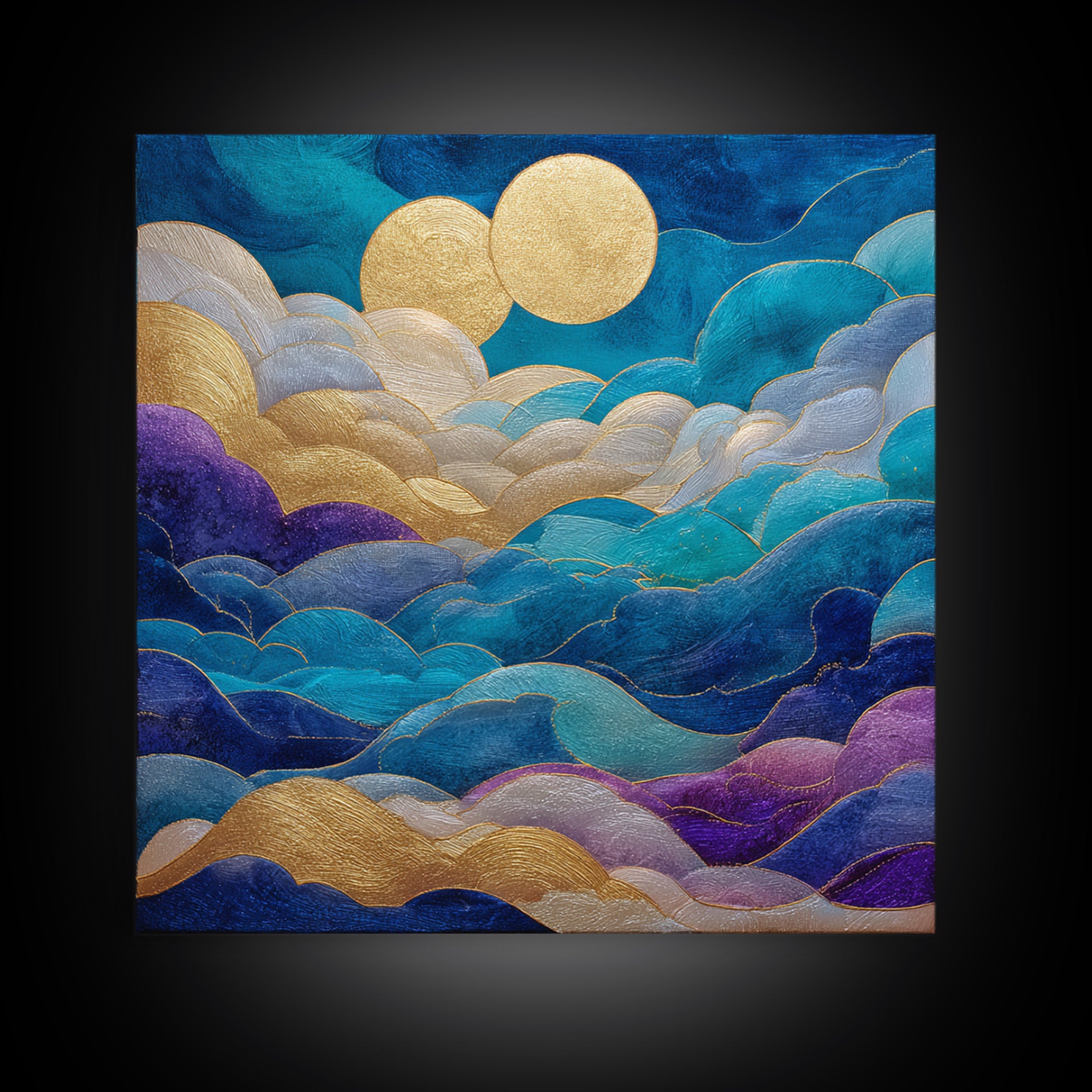Golden Sun over Abstract Ocean Waves Framed Canvas Print, Celestial Art, Collage Art, Living Room Decor, Fine Art, Celestial, CEL-1x1-71