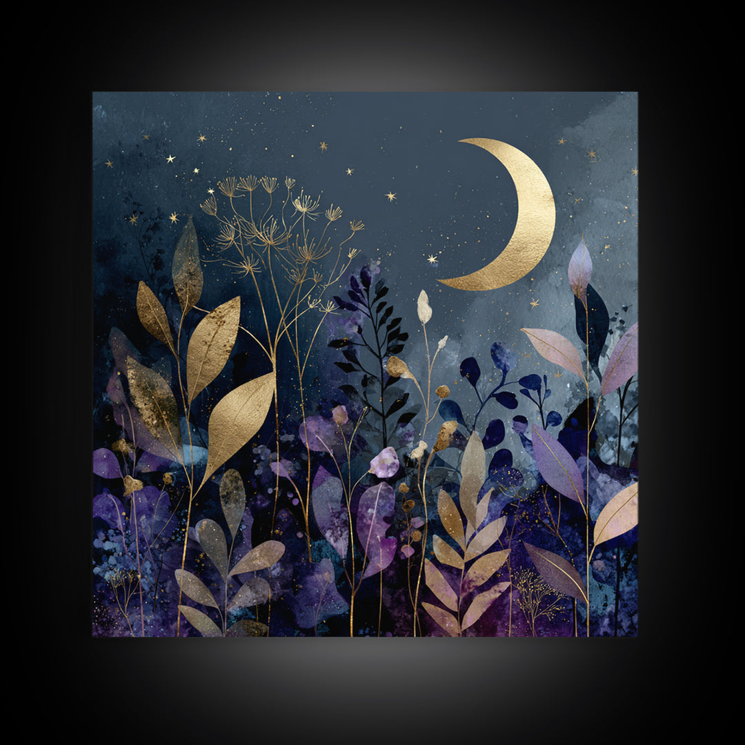 Lunar Phase Arc Above Delicate Botanicals Canvas Print, Celestial Art, Collage Art, Living Room Decor, Watercolor Art, CEL-1x1-76