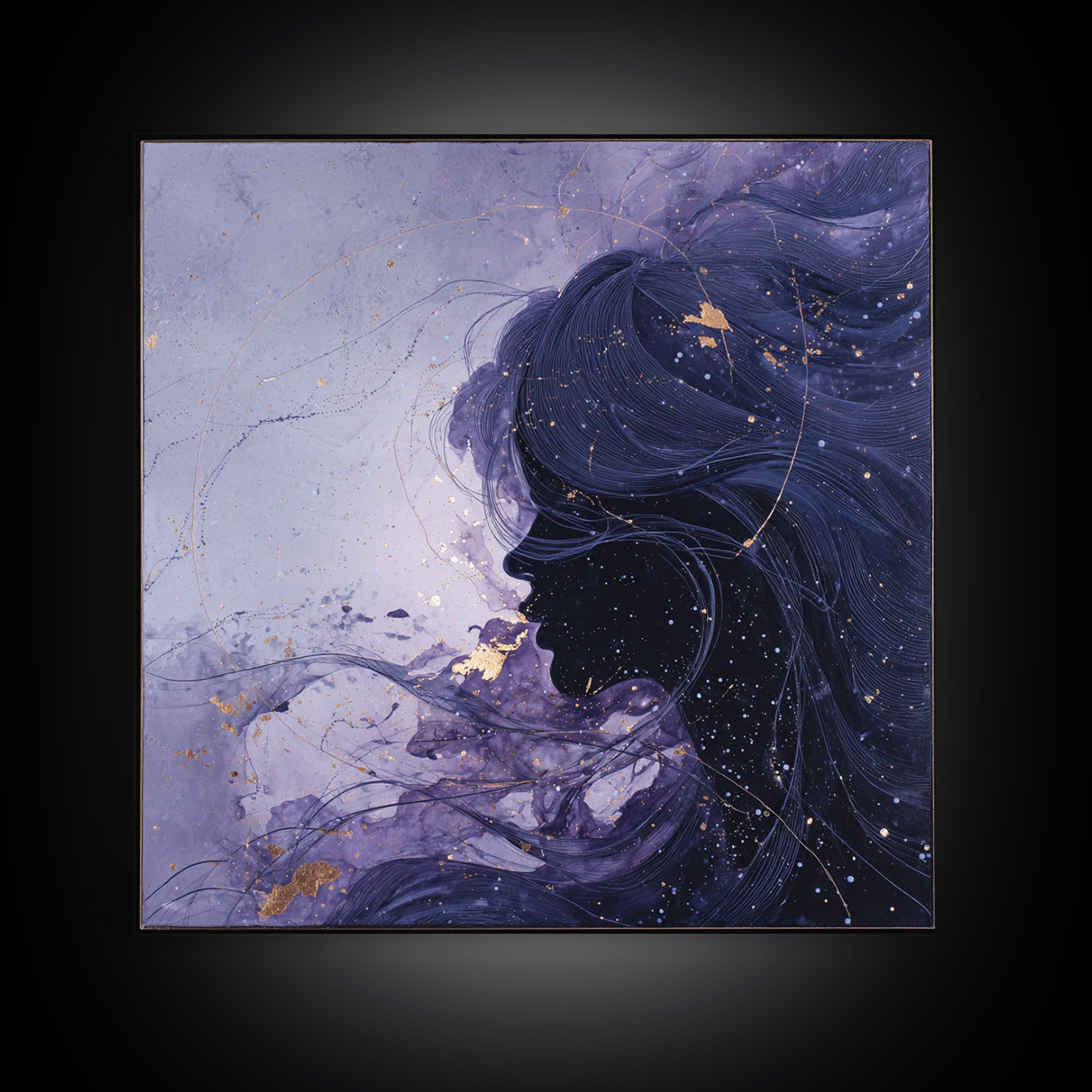 Celestial Goddess with Flowing Midnight Hair Framed Canvas Print, Celestial Art, Wall Decor, Living Room Decor, Celestial, CEL-1x1-79