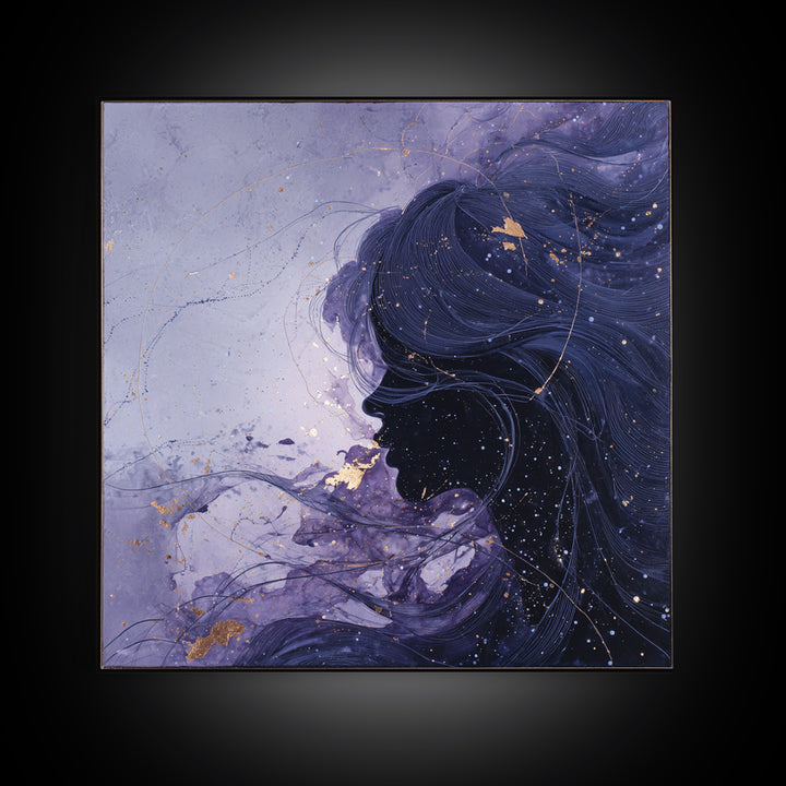 Celestial Goddess with Flowing Midnight Hair Framed Canvas Print, Celestial Art, Wall Decor, Living Room Decor, Celestial, CEL-1x1-79