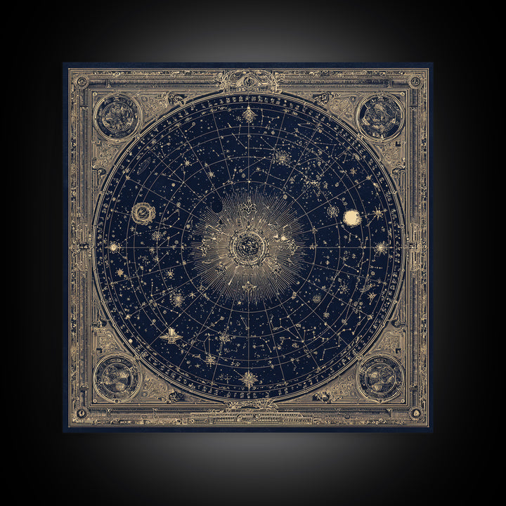 Gold Constellation Map on Deep Navy Texture Framed Canvas Print, Celestial Art, Printable Art, Living Room Decor, Celestial, CEL-1x1-8