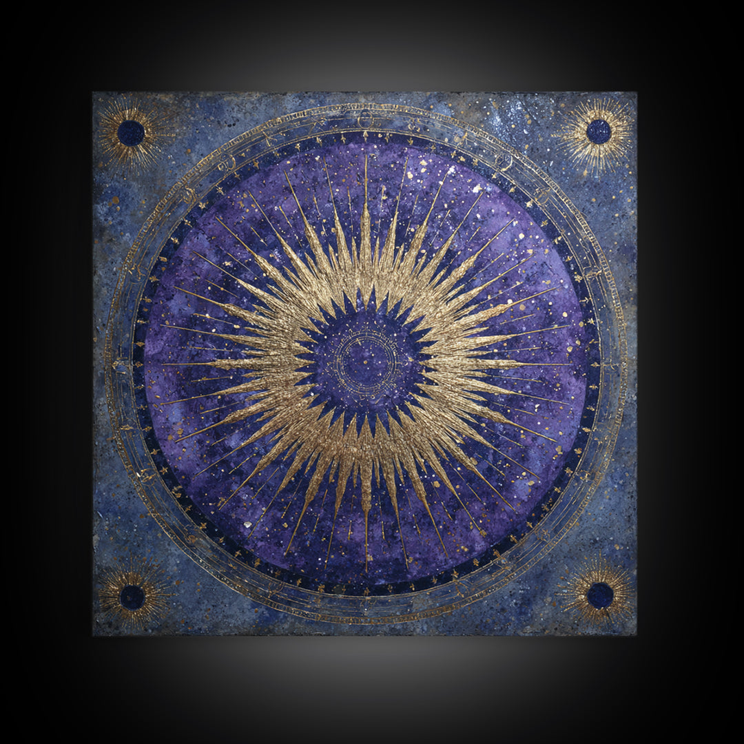 Sunburst Medallion with Ornate Rays Canvas Print, Celestial Art, Fantasy Art, Living Room Decor, Fine Art, Celestial, CEL-1x1-85