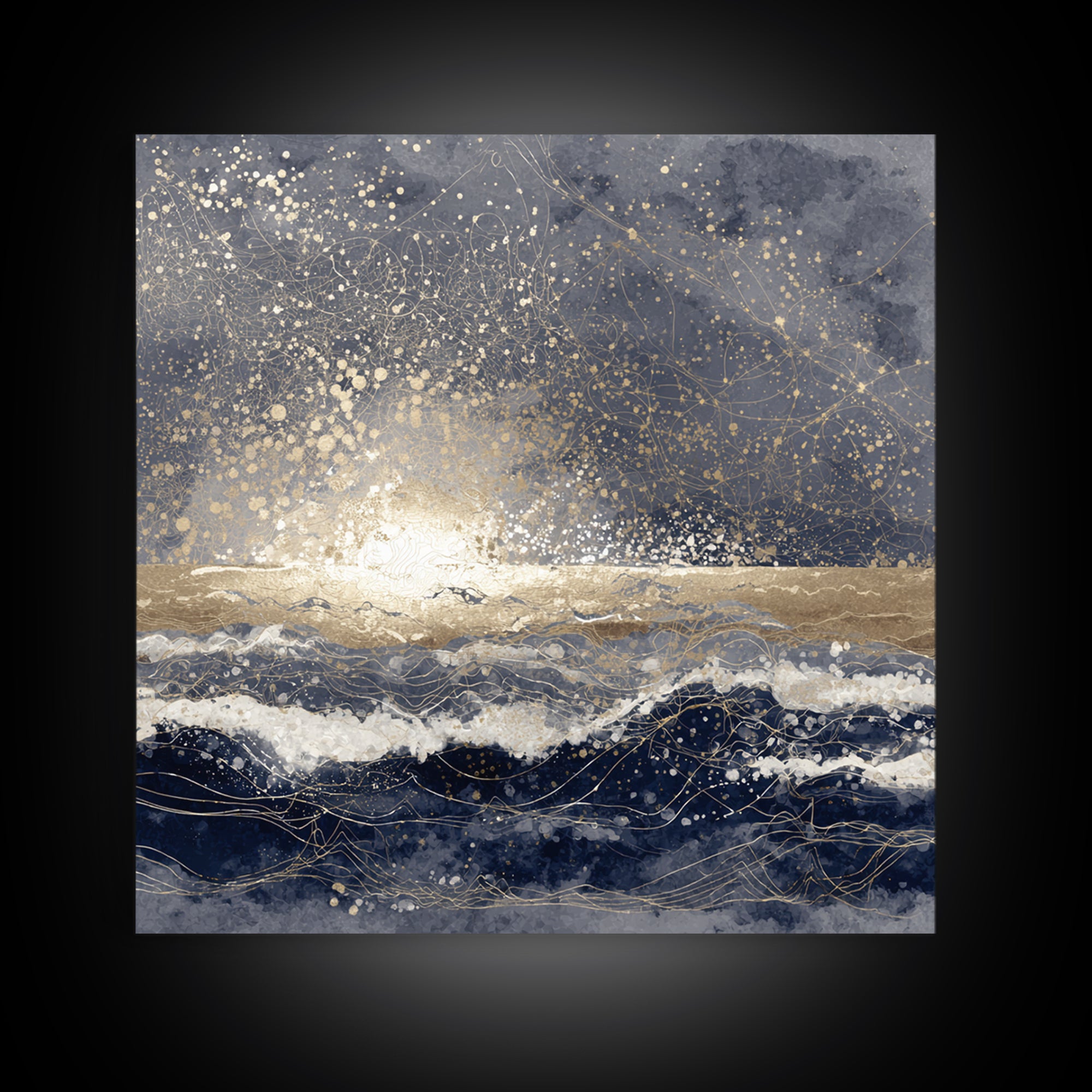 Golden Sun over Abstract Ocean Waves Canvas Print, Celestial Art, Fantasy Art, Living Room Decor, Fine Art, Celestial, CEL-1x1-95