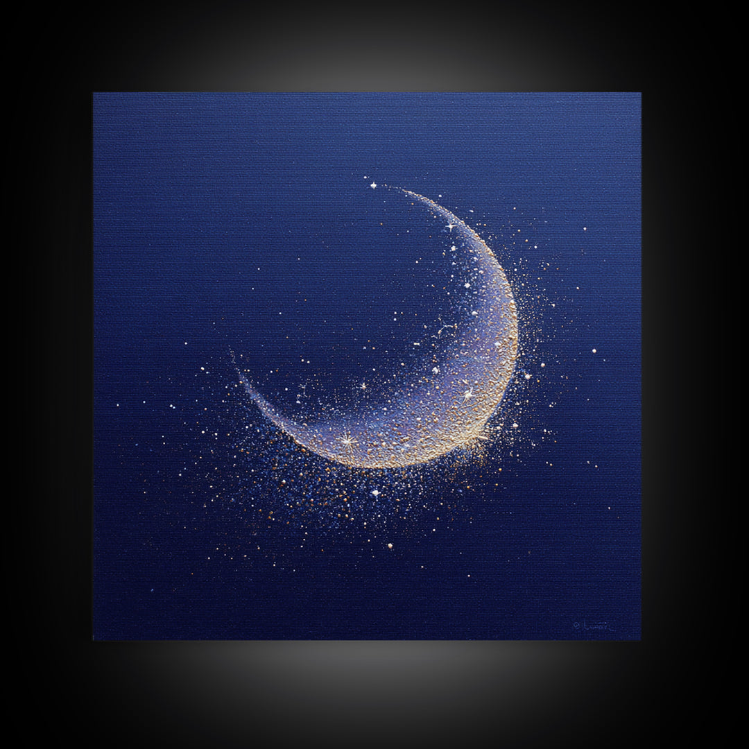 Crescent Moon Cradling a Cluster of Stars Canvas Print, Celestial Art, Luxury Decor, Living Room Decor, Oil Painting, Celestial, CEL-1x1-97