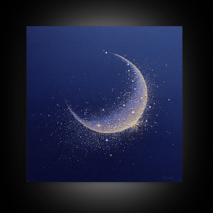 Crescent Moon Cradling a Cluster of Stars Canvas Print, Celestial Art, Luxury Decor, Living Room Decor, Oil Painting, Celestial, CEL-1x1-97
