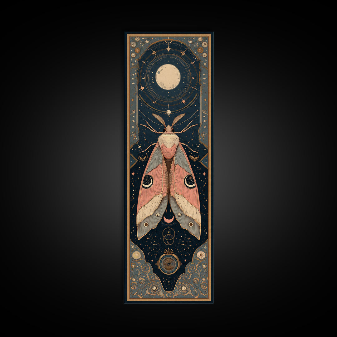 Celestial Moth with Moon Markings Framed Canvas Print, Celestial Art, Celestial Decor, Living Room Decor, Oil Painting, CEL-1x3-30