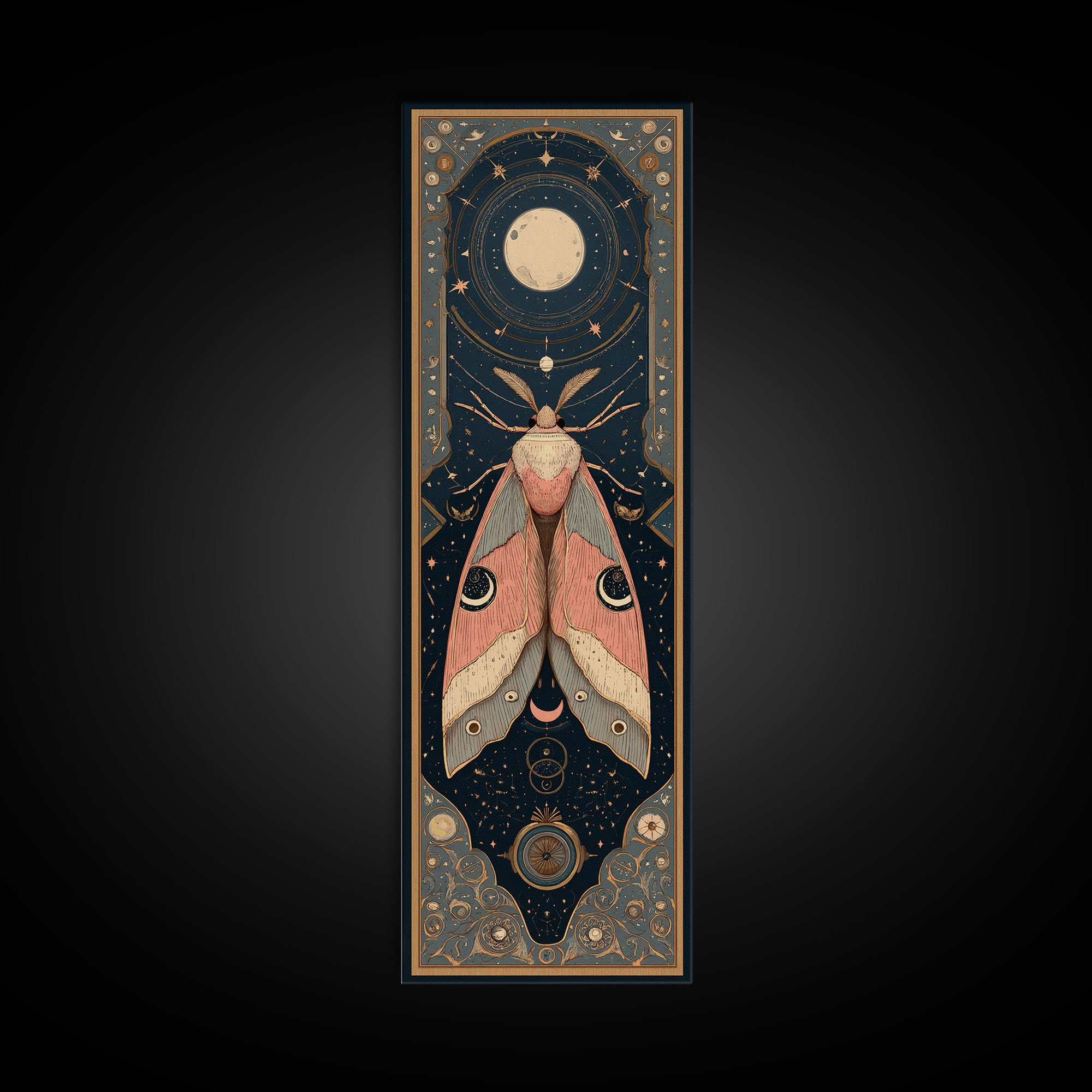 Celestial Moth with Moon Markings Framed Canvas Print, Celestial Art, Celestial Decor, Living Room Decor, Oil Painting, CEL-1x3-30