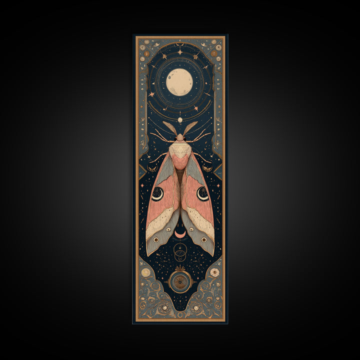 Celestial Moth with Moon Markings Framed Canvas Print, Celestial Art, Celestial Decor, Living Room Decor, Oil Painting, CEL-1x3-30