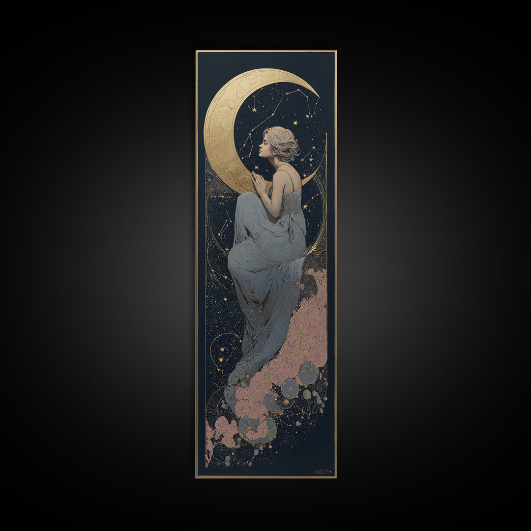 Crescent Moon Cradling a Cluster of Stars Canvas Print, Celestial Art, Minimalist Art, Living Room Decor, Fine Art, Celestial, CEL-1x3-37