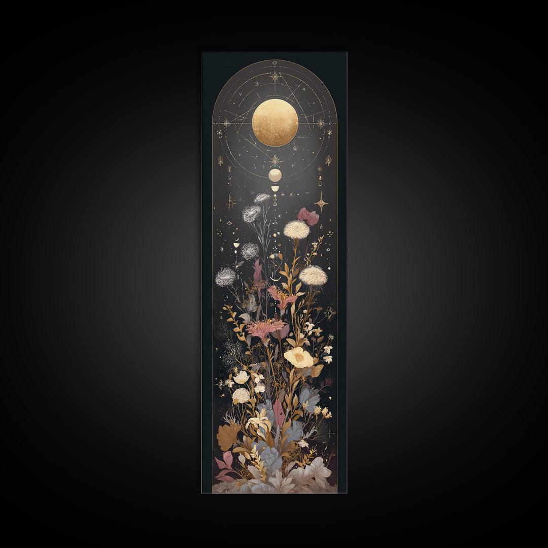 Lunar Phase Arc Above Delicate Botanicals Canvas Print, Celestial Art, Room Decor, Living Room Decor, Oil Painting, Celestial, CEL-1x3-40