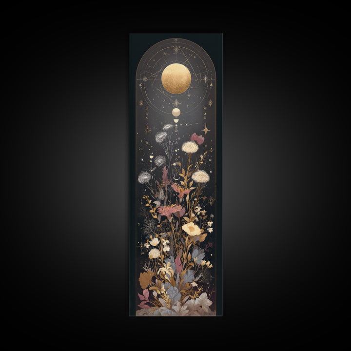 Lunar Phase Arc Above Delicate Botanicals Canvas Print, Celestial Art, Room Decor, Living Room Decor, Oil Painting, Celestial, CEL-1x3-40