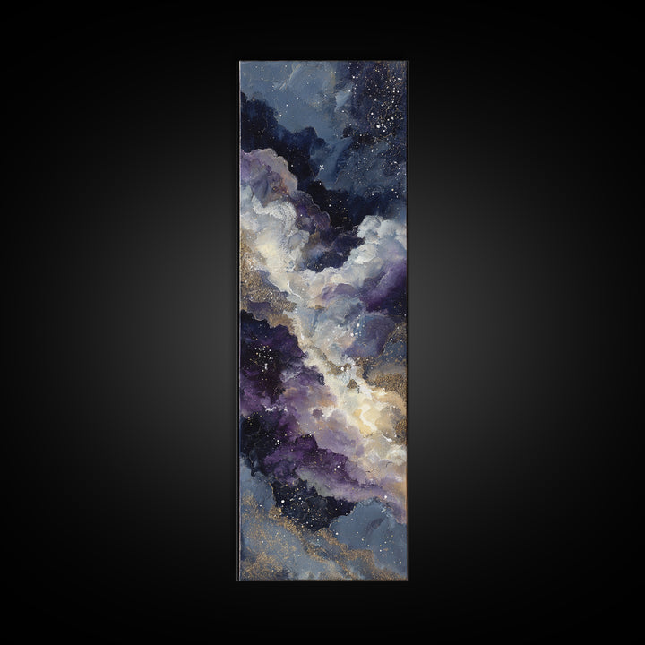 Moonlit Cloudscape with Silver Highlights Framed Canvas Print, Celestial Art, Fantasy Art, Living Room Decor, Oil Painting, CEL-1x3-45