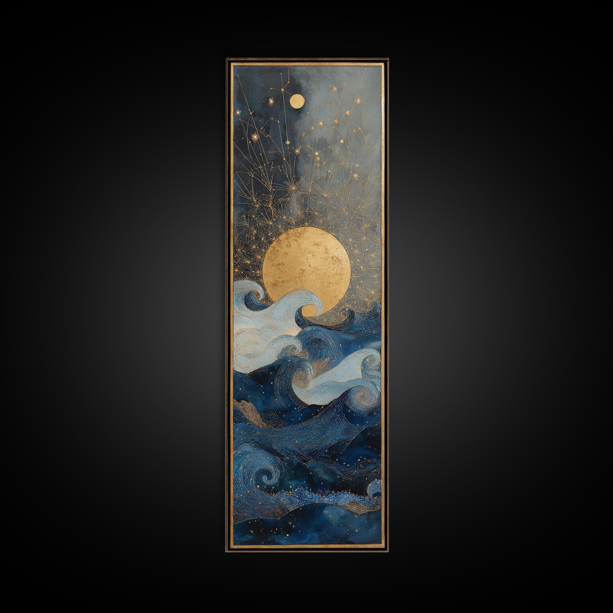 Golden Sun over Abstract Ocean Waves Framed Canvas Print, Celestial Art, Witchy Decor, Living Room Decor, Fine Art, Celestial, CEL-1x3-83