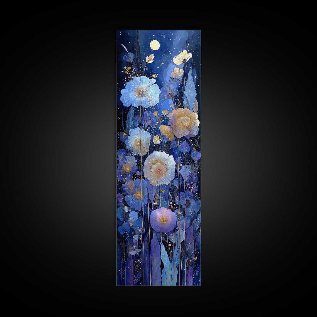 Moon Garden with Night Blooming Flowers Canvas Print, Celestial Art, Boho Art, Living Room Decor, Watercolor Art, Celestial, CEL-1x3-9