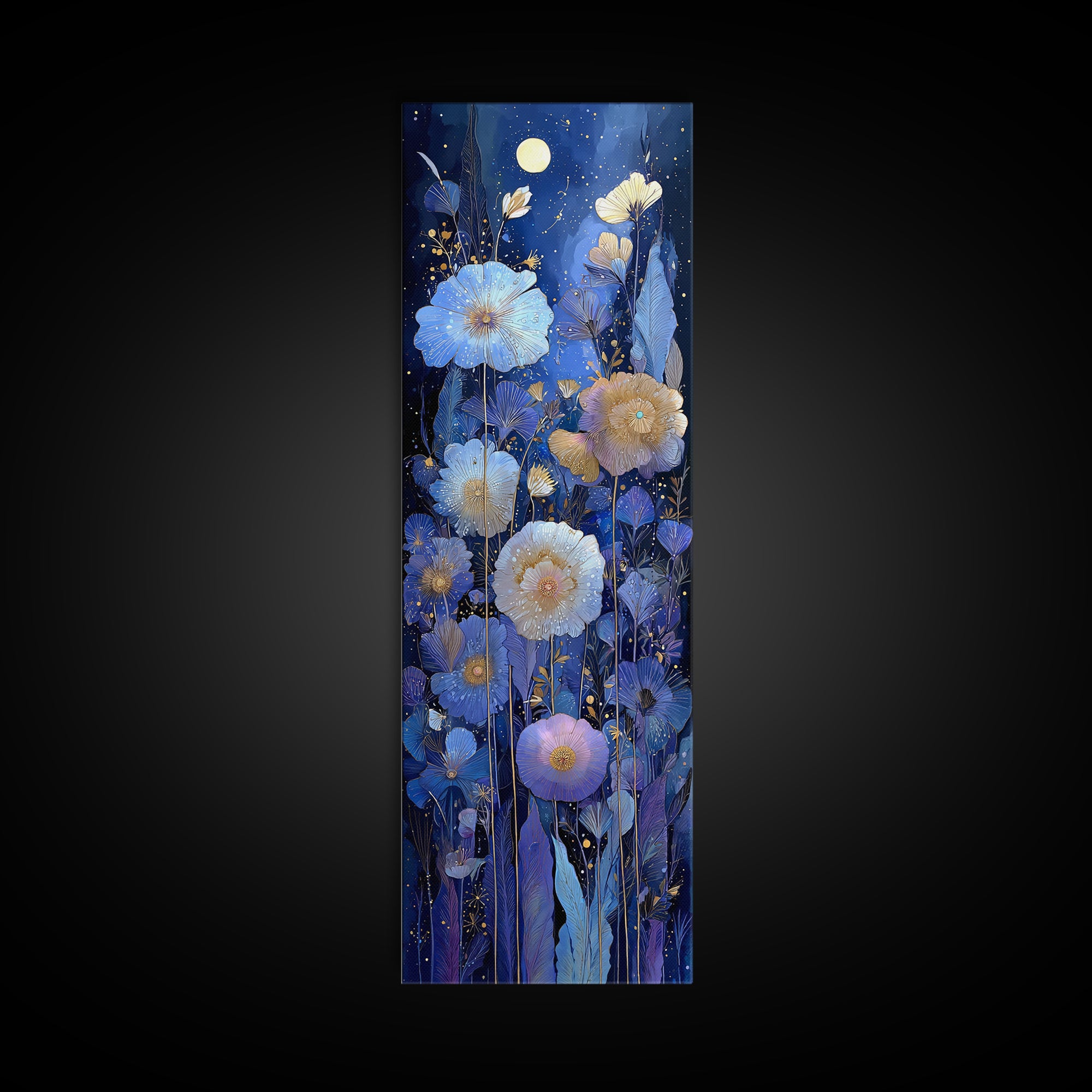 Moon Garden with Night Blooming Flowers Canvas Print, Celestial Art, Boho Art, Living Room Decor, Watercolor Art, Celestial, CEL-1x3-9