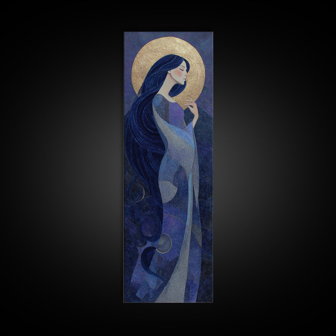 Celestial Goddess with Flowing Midnight Hair Framed Canvas Print, Celestial Art, Retro Wall Art, Living Room Decor, Celestial, CEL-1x3-91