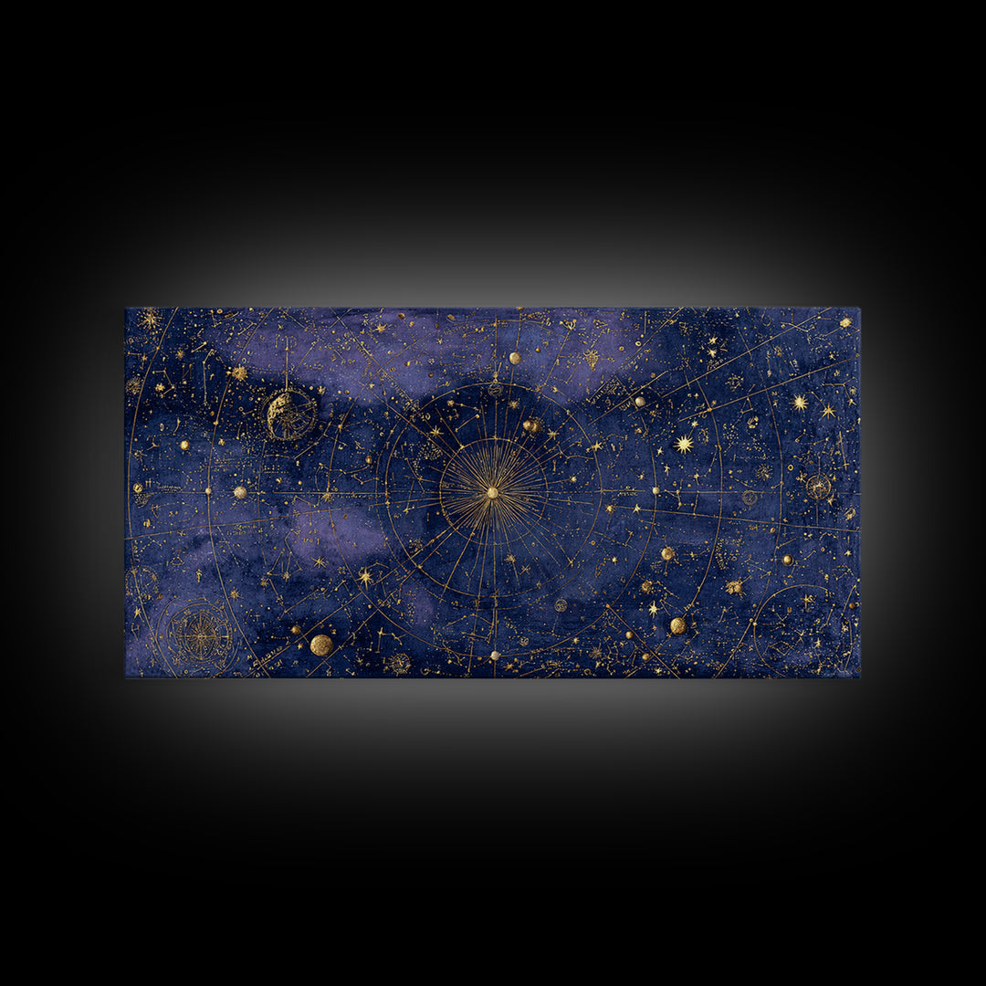 Gold Constellation Map on Deep Navy Texture Framed Canvas Print, Celestial Art, Whimsical Art, Living Room Decor, Celestial, CEL-2x1-100