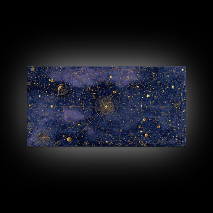 Gold Constellation Map on Deep Navy Texture Framed Canvas Print, Celestial Art, Whimsical Art, Living Room Decor, Celestial, CEL-2x1-100