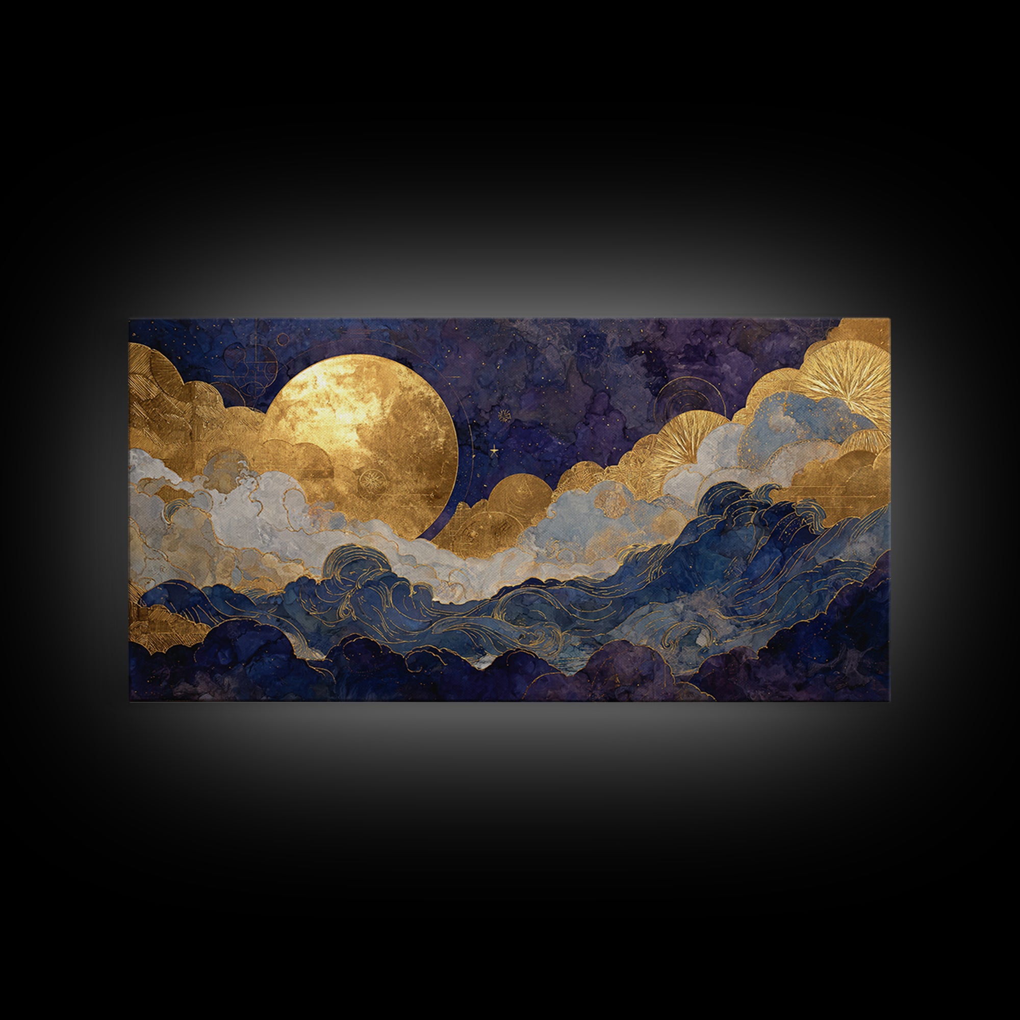 Golden Sun over Abstract Ocean Waves Framed Canvas Print, Celestial Art, Collage Art, Living Room Decor, Fine Art, Celestial, CEL-2x1-19