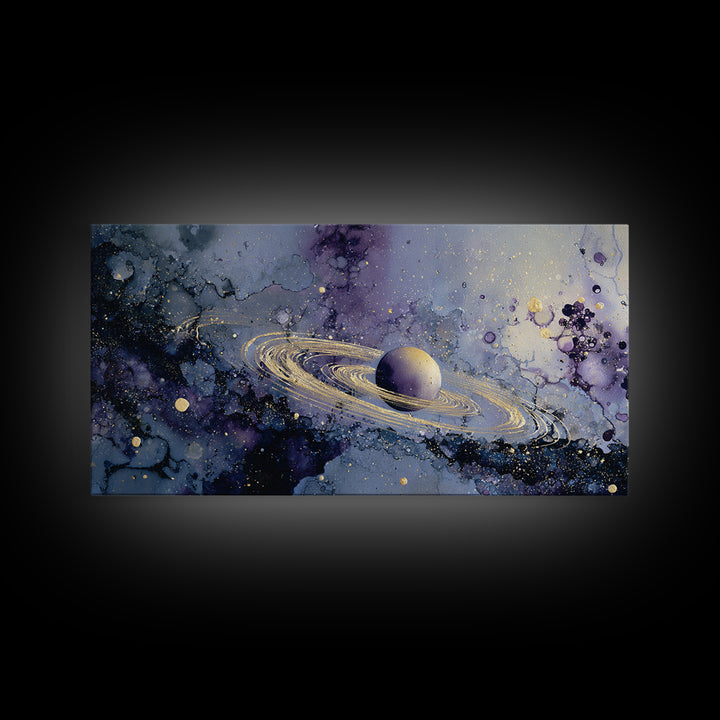 Glowing Planet with Rings and Tiny Moons Canvas Print, Celestial Art, Neutral Decor, Living Room Decor, Abstract Art, Celestial, CEL-2x1-2