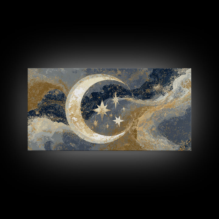 Crescent Moon Cradling a Cluster of Stars Canvas Print, Celestial Art, Luxury Decor, Living Room Decor, Oil Painting, Celestial, CEL-2x1-21