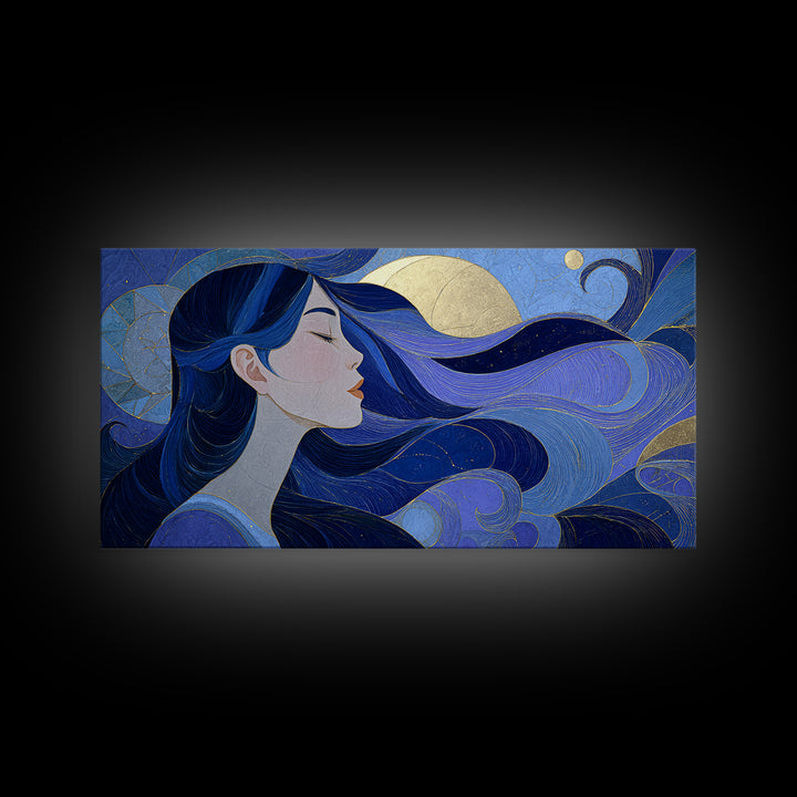 Celestial Goddess with Flowing Midnight Hair Framed Canvas Print, Celestial Art, Celestial, Living Room Decor, Celestial, CEL-2x1-3