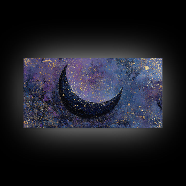Crescent Moon Cradling a Cluster of Stars Framed Canvas Print, Celestial Art, Contemporary Art, Living Room Decor, Celestial, CEL-2x1-45