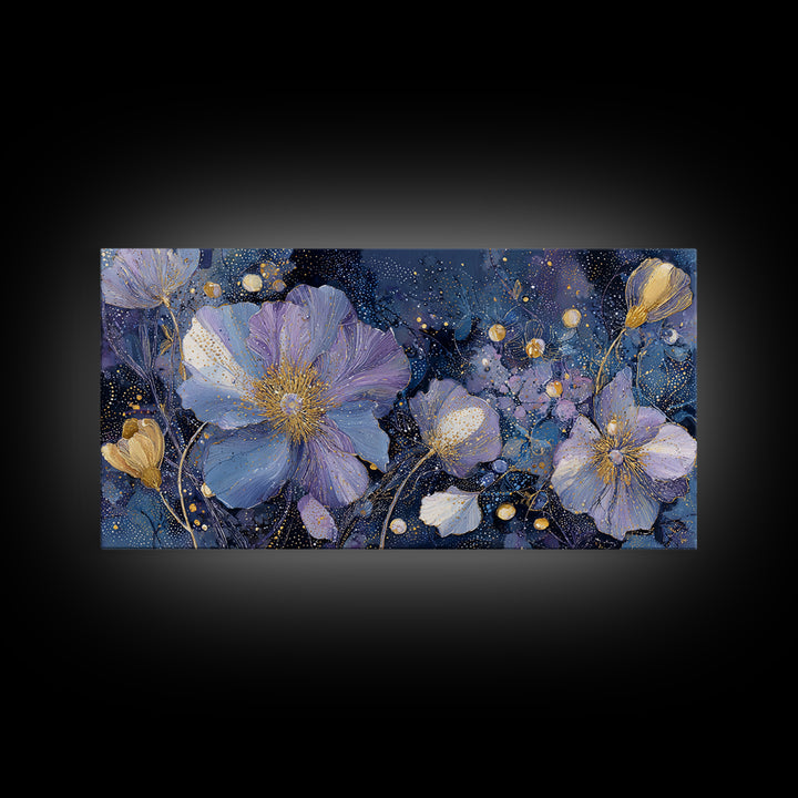 Moon Garden with Night Blooming Flowers Framed Canvas Print, Celestial Art, Minimalist Decor, Living Room Decor, Celestial, CEL-2x1-65