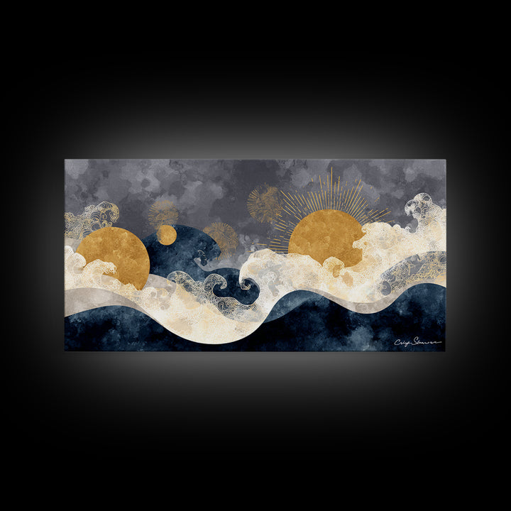 Golden Sun over Abstract Ocean Waves Framed Canvas Print, Celestial Art, Art Nouveau Decor, Living Room Decor, Celestial, CEL-2x1-67