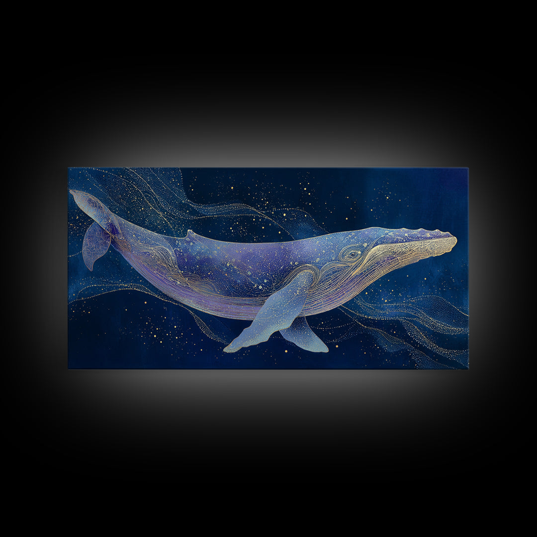 Cosmic Whale Swimming Through a Star Field Framed Canvas Print, Celestial Art, Digital Print, Living Room Decor, Celestial, CEL-2x1-97